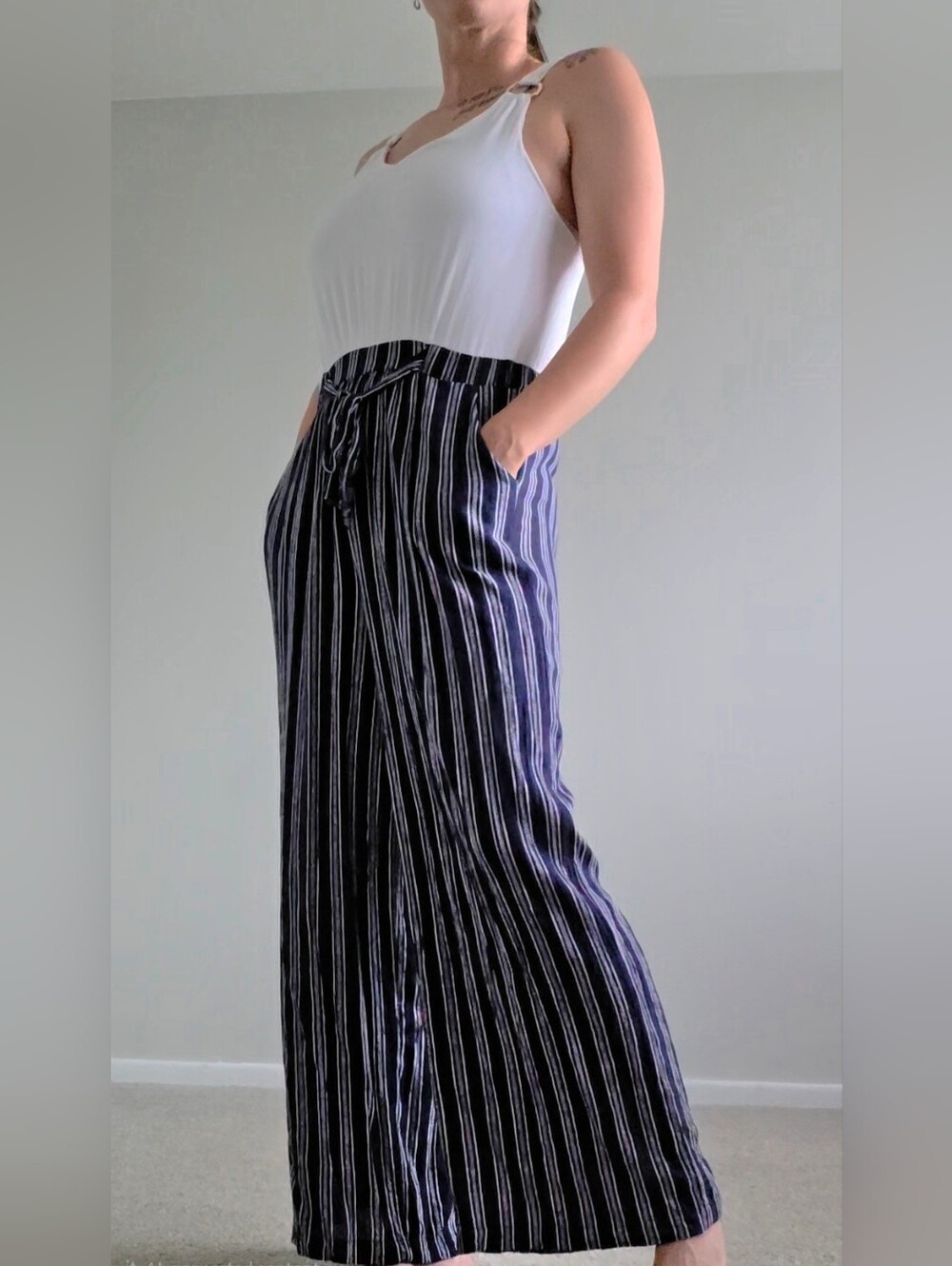Derek Heart Striped Navy Wide-Leg Romper with Drawstring Waist